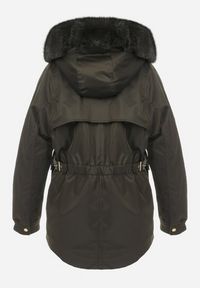 Born2be - Ciemnozielona Kurtka Nylonowa Parka z Odpinanym Futerkiem Beaten. Kolor: zielony. Materiał: nylon, futro. Wzór: paski, aplikacja #3