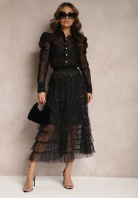 Renee - Czarna Rozkloszowana Spódnica Maxi z Falbankami i Cekinami Noobi. Kolor: czarny. Materiał: materiał. Wzór: aplikacja. Styl: elegancki