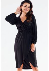Awama - Wizytowa Sukienka Kopertowa - Czarna. Kolor: czarny. Materiał: elastan, wiskoza. Typ sukienki: kopertowe. Styl: wizytowy #1