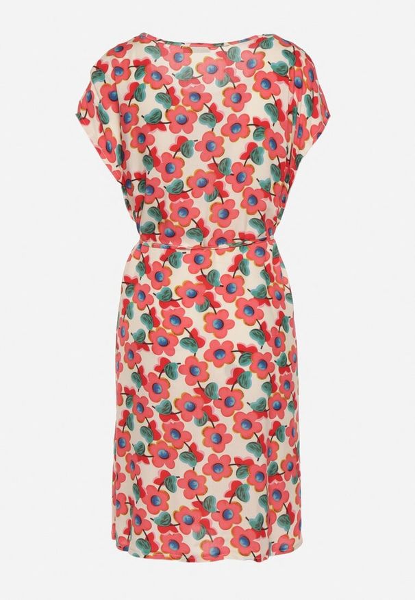 Born2be - Beżowo-Czerwona Pudełkowa Sukienka z Wiskozy Wiązana Sznurkiem w Talii Tiamadine. Okazja: na co dzień, na randkę, na spotkanie biznesowe. Kolor: beżowy. Materiał: wiskoza. Długość rękawa: krótki rękaw. Wzór: kwiaty. Styl: biznesowy, klasyczny, casual