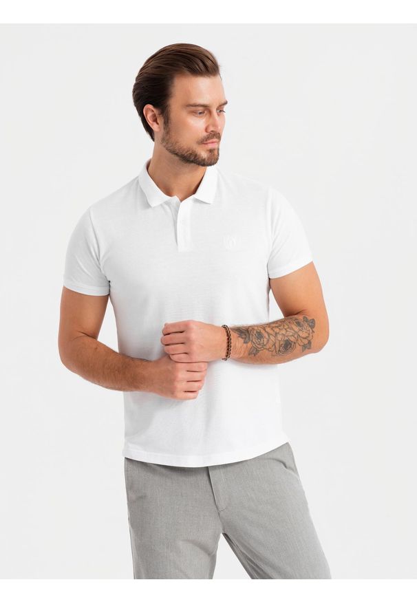 Ombre Clothing - Komplet męskich bawełnianych t-shirtów polo BASIC – czarny/biały/beżowy V7 OM-POBS-0133 - XXL. Typ kołnierza: polo. Kolor: biały. Materiał: bawełna. Wzór: haft. Styl: sportowy, klasyczny