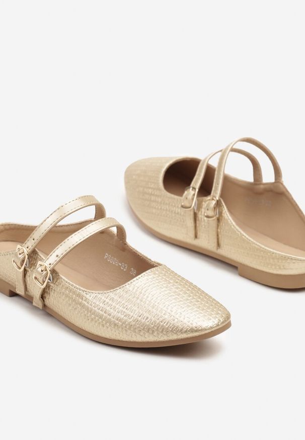Renee - Złote Klapki Balerinki Ozdobione Paseczkami Davissae. Kolor: złoty. Materiał: jeans. Wzór: aplikacja. Styl: klasyczny, elegancki