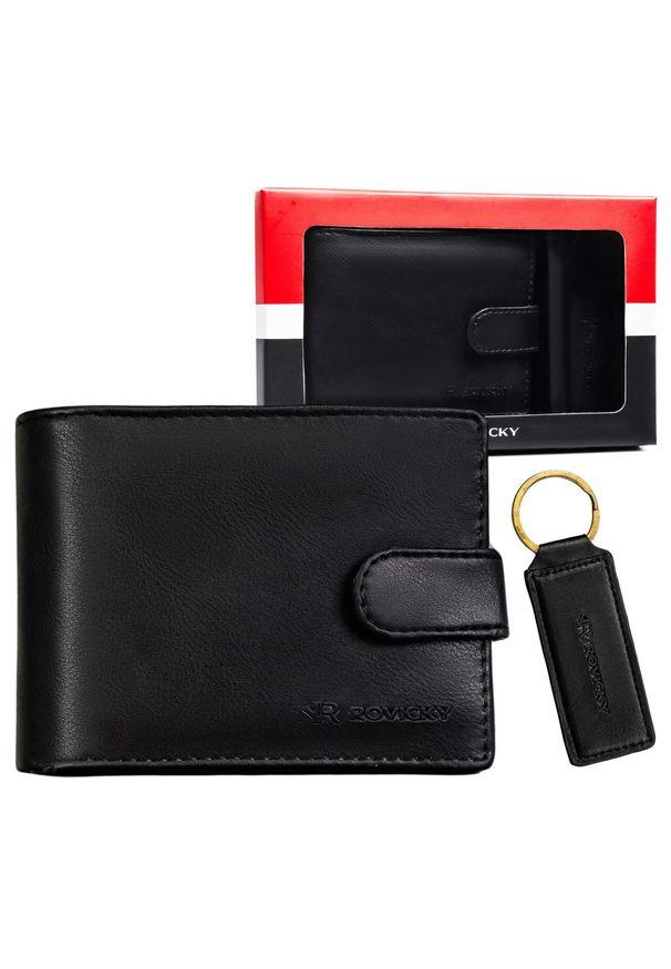 ROVICKY - Zestaw prezentowy: męski, czarny portfel ze skóry ekologicznej i brelok do kluczy - Rovicky. Kolor: czarny. Materiał: skóra ekologiczna