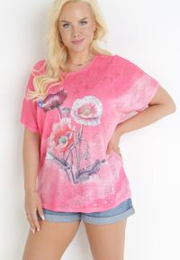 Born2be - Fuksjowy Bawełniany T-shirt z Błyszczącym Nadrukiem Aseda. Kolor: różowy. Materiał: bawełna. Długość rękawa: krótki rękaw. Długość: krótkie. Wzór: nadruk #3