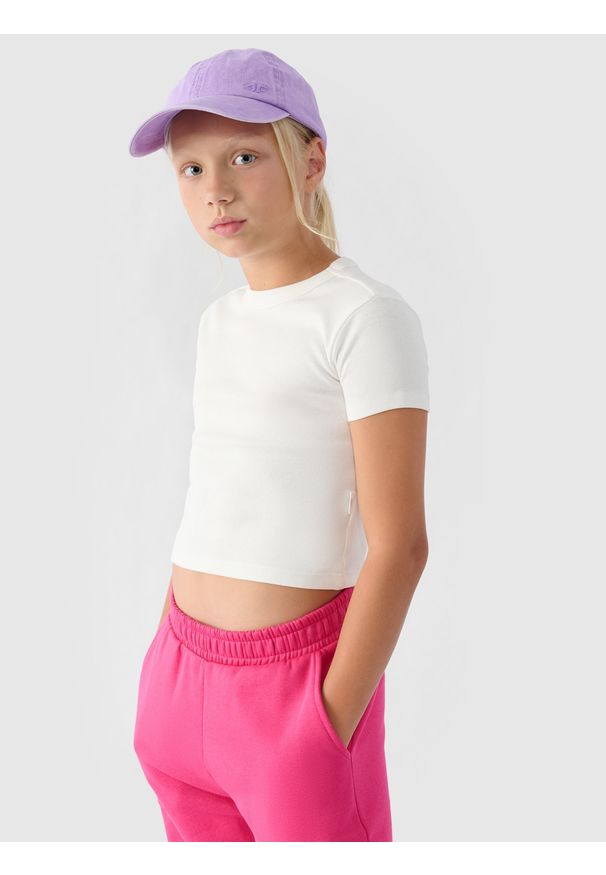 4f - 4F T-shirt gładki dziewczęcy - biały 134 (8-9 lat). Okazja: na co dzień. Kolor: biały. Materiał: dzianina, materiał, bawełna. Długość rękawa: krótki rękaw. Długość: krótkie. Wzór: gładki. Sezon: lato. Styl: klasyczny, sportowy, casual