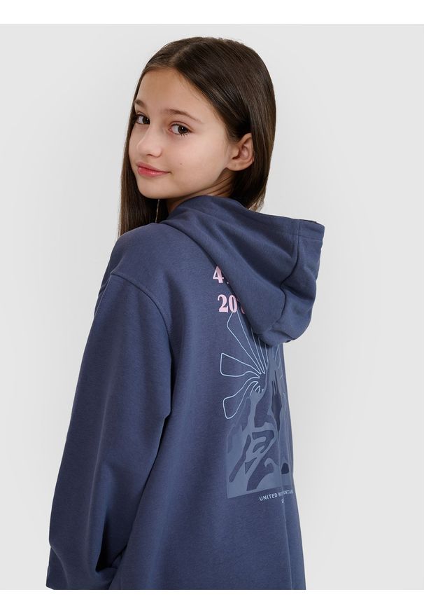 4f - 4F Bluza dresowa rozpinana z kapturem dziewczęca - szara 164 (13-14 lat). Okazja: na co dzień. Typ kołnierza: kaptur. Kolor: szary. Materiał: dresówka. Wzór: nadruk, ze splotem, gładki. Sezon: lato. Styl: casual, sportowy