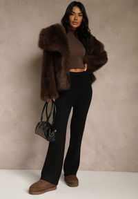 Renee - Czarne Szerokie Spodnie z Wełną High Waist z Prążkowanego Materiału Reinna. Okazja: na co dzień. Stan: podwyższony. Kolor: czarny. Materiał: prążkowany, wełna, materiał. Styl: casual #5