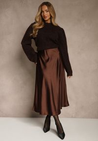 Renee - Brązowa Satynowa Midi Spódnica Rozkloszowana z Gumką w Pasie i Suwakiem Leose. Kolor: brązowy. Materiał: satyna #1