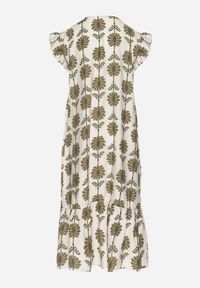 Born2be - Biało-Zielona Kwiatowa Sukienka z Bawełną i Falbanką Efanelia. Okazja: na spacer, na imprezę. Typ kołnierza: dekolt w serek. Kolor: beżowy. Materiał: bawełna. Wzór: kwiaty. Sezon: wiosna, lato. Typ sukienki: proste. Styl: elegancki #3