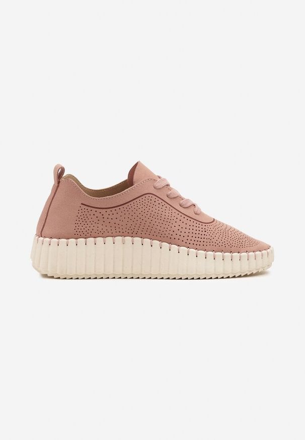 Renee - Różowe Sneakersy na Tłoczonej Platformie z Ażurową Cholewką Ronfira. Kolor: różowy. Szerokość cholewki: normalna. Wzór: ażurowy. Obcas: na platformie