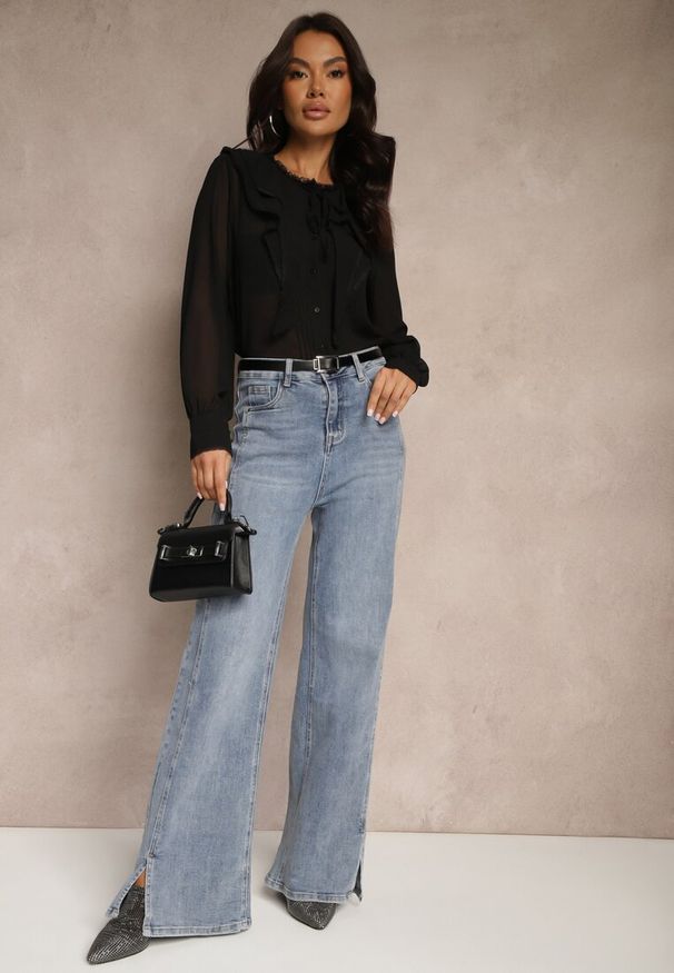 Renee - Czarna Koszula z Ozdobnymi Falbanami Landiva. Okazja: na co dzień. Kolor: czarny. Materiał: jeans. Styl: casual, elegancki