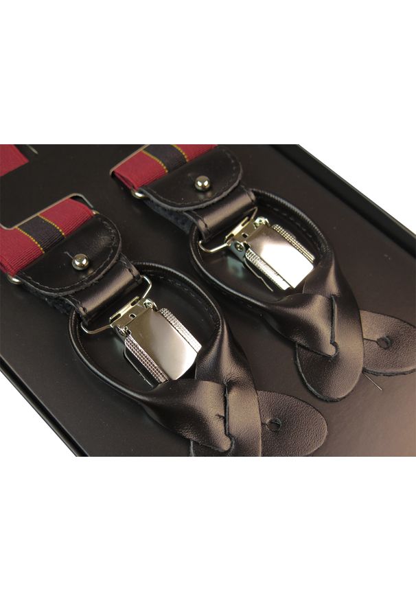 Modini - Bordowe szelki na guziki z czarnym paskiem G21. Kolor: czarny, wielokolorowy, czerwony. Materiał: skóra, guma