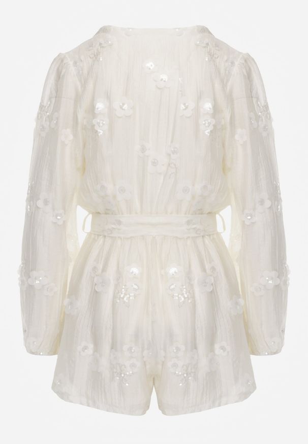 Renee - Beżowy Kombinezon z Tencelu z Kopertowym Dekoltem Cekinami i Kwiatami 3D Kairial. Okazja: na imprezę. Kolor: beżowy. Materiał: materiał, poliester. Wzór: kwiaty. Sezon: lato. Styl: elegancki