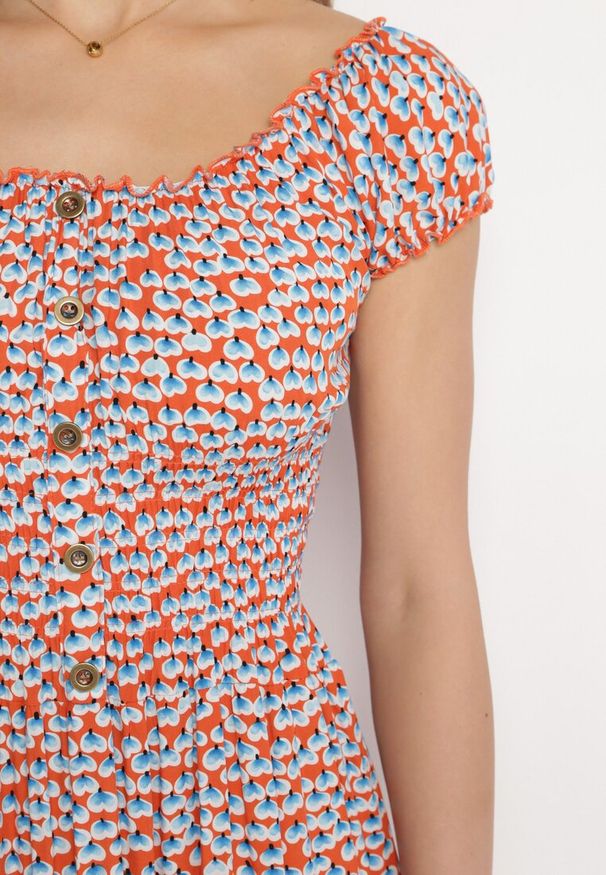 Born2be - Pomarańczowo-Niebieska Wiskozowa Sukienka Midi Rozkloszowana z Metalowymi Guzikami Exodia. Kolor: pomarańczowy. Materiał: wiskoza. Styl: klasyczny, elegancki. Długość: midi
