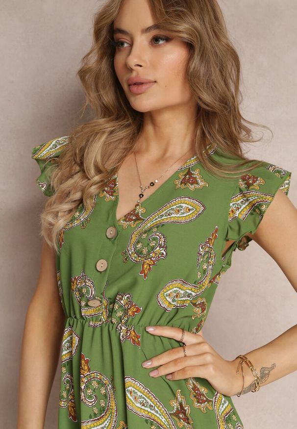 Renee - Zielona Rozkloszowana Sukienka Mini we Wzór Paisley Rachelli. Typ kołnierza: kołnierz z falbankami. Kolor: zielony. Długość rękawa: bez rękawów. Wzór: paisley. Styl: elegancki. Długość: mini
