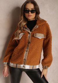 Renee - Brązowa Kurtka Futerko Teddy Oversize Bizo. Kolor: brązowy. Materiał: futro. Wzór: nadruk #4