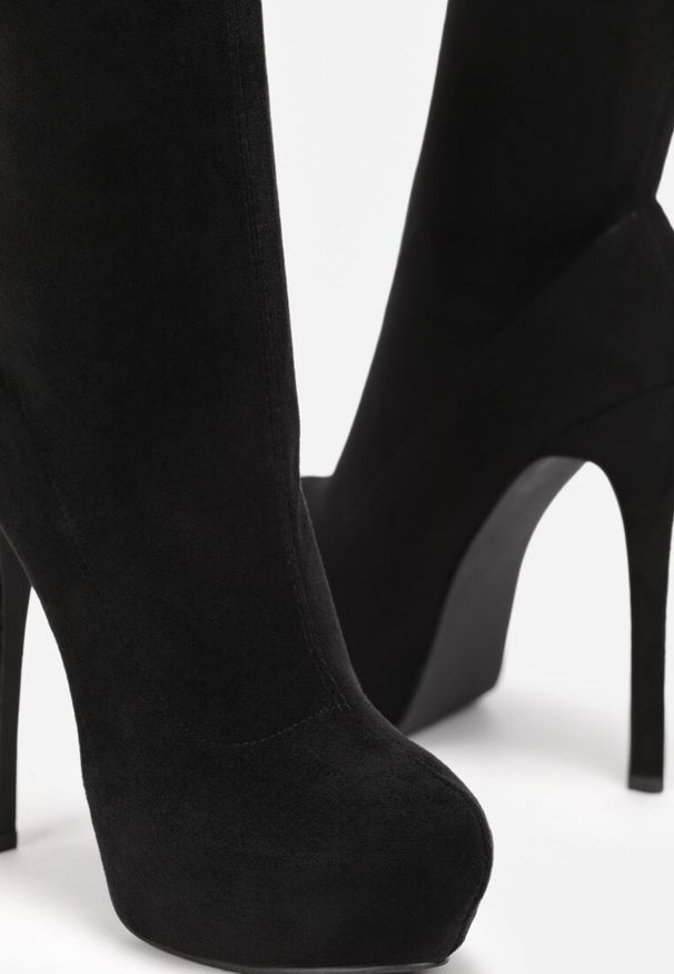 Born2be - Czarne Kozaki za Kolano na Wysokiej Szpilce i Platformie Bafiske. Wysokość cholewki: za kolano. Kolor: czarny. Obcas: na platformie