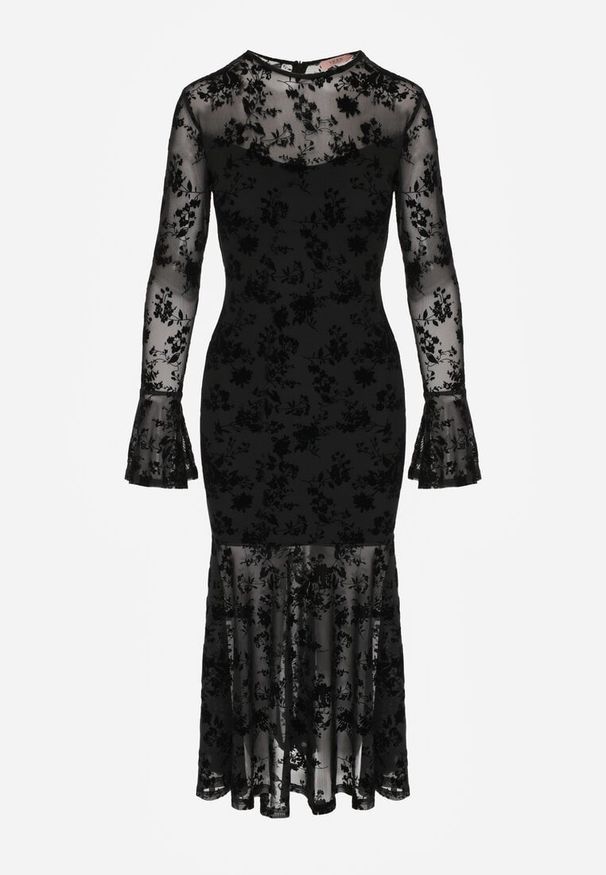 Born2be - Czarna Siateczkowa Sukienka Wieczorowa VICES z Welurowym Wzorem Jilney. Okazja: na randkę. Kolor: czarny. Materiał: welur. Styl: wizytowy