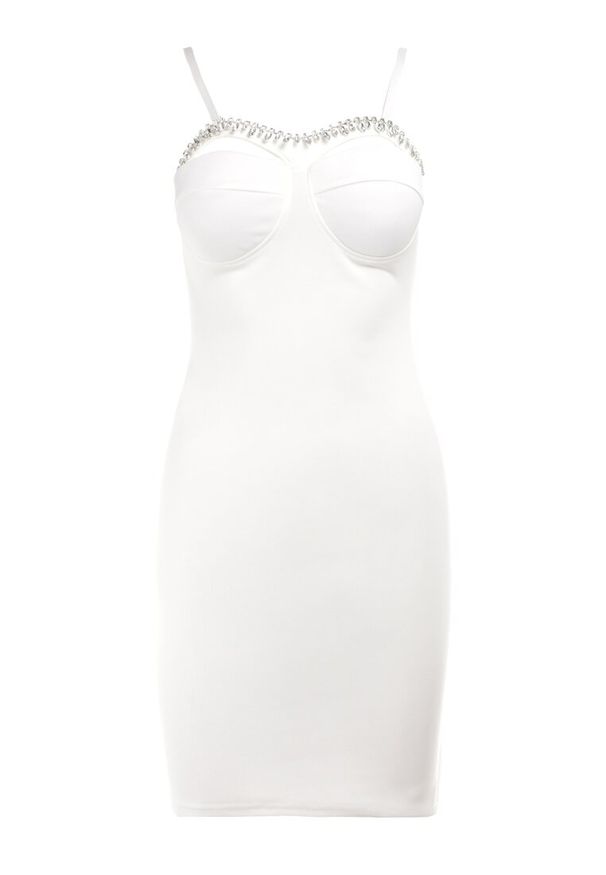 Born2be - Biała Sukienka Aedarpia. Typ kołnierza: dekolt kwadratowy. Kolor: biały. Długość rękawa: na ramiączkach. Wzór: aplikacja. Typ sukienki: dopasowane. Styl: elegancki, wizytowy. Długość: mini