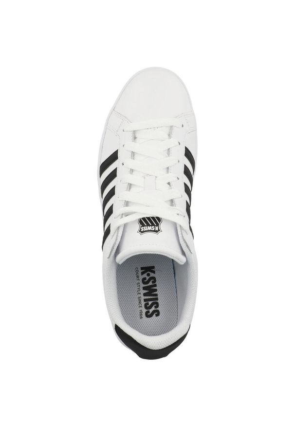 Buty do chodzenia męskie K-Swiss Court Tiebreak. Zapięcie: sznurówki. Kolor: biały. Materiał: materiał, skóra. Szerokość cholewki: normalna. Sport: turystyka piesza