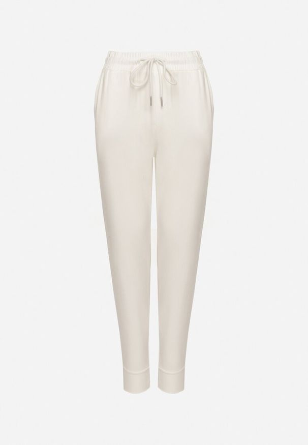 Born2be - Białe Spodnie Dresowe z Wiskozą Wysokim Stanem i Sznurkiem Ellirina. Okazja: na spacer, na co dzień. Stan: podwyższony. Kolor: biały. Materiał: dresówka, wiskoza. Styl: casual
