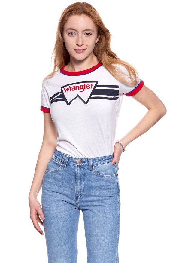 Wrangler - WRANGLER T SHIRT DAMSKI RINGER TEE WHITE W710SEV12. Wzór: nadruk