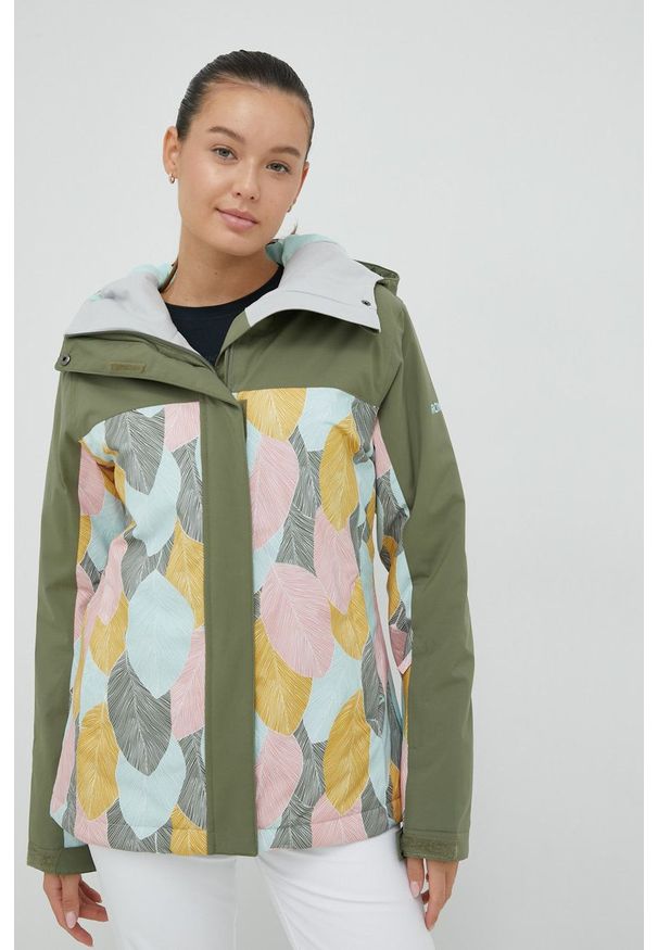 Roxy kurtka Galaxy Print Block. Kolor: zielony. Materiał: syntetyk, włókno, materiał. Wzór: nadruk. Sezon: zima. Sport: narciarstwo, snowboard