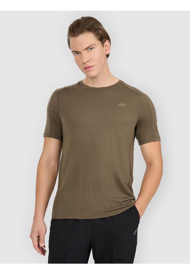 4f - 4F Koszulka trekkingowa z wełną merino męska - oliwkowa/khaki S. Okazja: na co dzień. Kolor: wielokolorowy, brązowy, oliwkowy. Materiał: wełna. Styl: casual