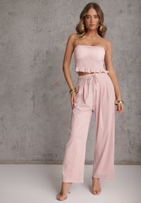 Renee - Różowe Szerokie Spodnie Wiskozą Bawełną i Elastyczną Talią ze Sznurkiem Arkinae. Okazja: na co dzień. Stan: podwyższony. Kolor: różowy. Materiał: wiskoza, bawełna. Wzór: aplikacja. Styl: casual #1