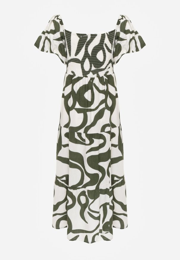 Born2be - Ciemnozielona Wiskozowa Sukienka z Bufiastymi Rękawami w Abstrakcyjny Wzór Tibee. Okazja: na co dzień. Kolor: zielony. Materiał: wiskoza. Wzór: nadruk. Typ sukienki: proste. Styl: elegancki, wakacyjny, casual