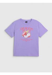 4f - 4F T-shirt loose z nadrukiem damski - fioletowy XS. Okazja: na co dzień. Kolor: fioletowy. Materiał: materiał, bawełna, dzianina. Wzór: nadruk. Styl: casual #1