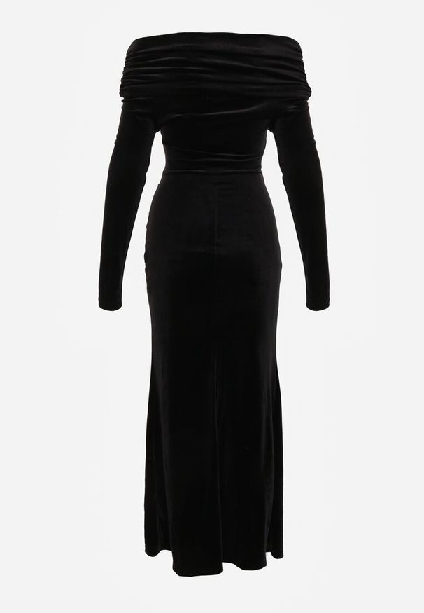Renee - Czarna Sukienka z Weluru VICES Off Shoulder z Rozcięciem Elinesh. Okazja: na ślub cywilny, na randkę, na studniówkę, na wesele. Kolor: czarny. Materiał: welur
