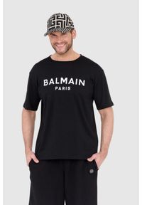 Balmain - BALMAIN Czarny t-shirt męski z drukowanym białym logo, Rozmiar S. Kolor: czarny