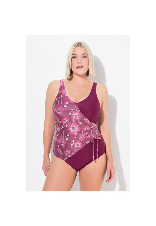 ULLA POPKEN - Damski Strój kąpielowy błyszczące kwiaty w kopertowym stylu miękkie miseczki. Kolekcja: plus size. Kolor: fioletowy. Materiał: materiał. Wzór: kwiaty