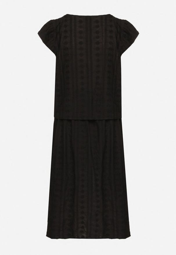 Born2be - Czarny Komplet Haftowany z Bawełny Koszula z Guziczkami i Spódnica z Gumką w Pasie Efrionea. Kolor: czarny. Materiał: bawełna. Wzór: haft