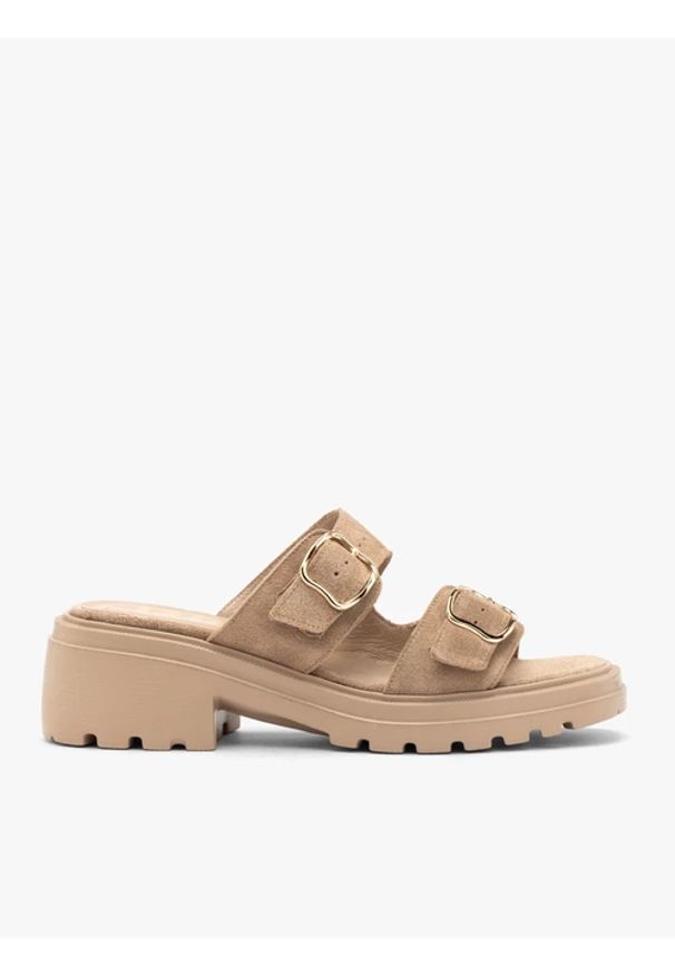 Ryłko - Piaskowe klapki damskie. Kolor: beżowy. Materiał: skóra, welur. Sezon: lato. Obcas: na platformie. Styl: street, elegancki