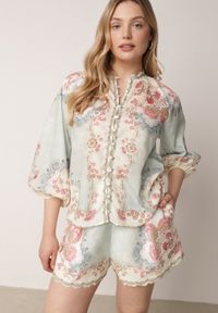 Born2be - Zielona Koszula w Kwiaty ze Stójką Feliana. Okazja: na co dzień. Typ kołnierza: kołnierzyk stójkowy. Kolor: zielony. Materiał: jeans. Wzór: kwiaty. Styl: casual, klasyczny, elegancki #7