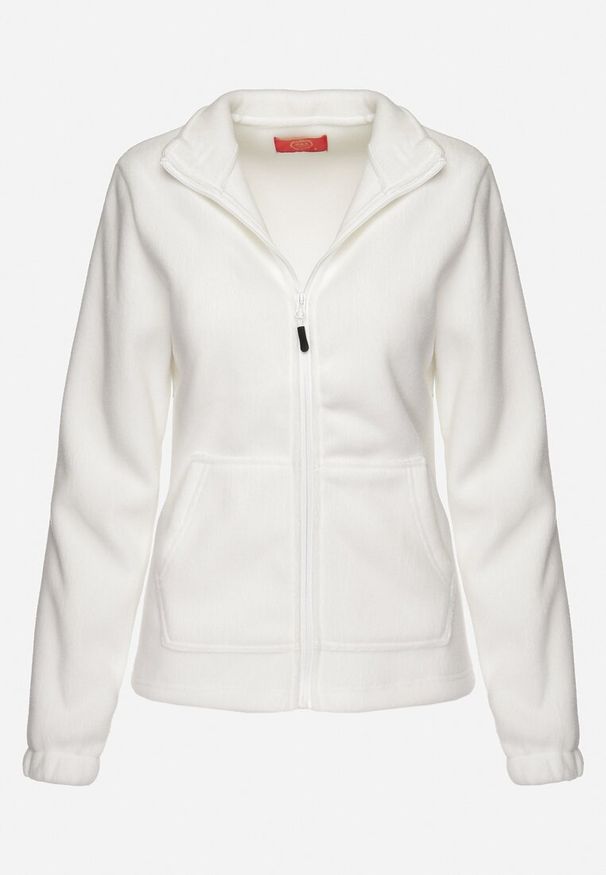 Born2be - Biała Bluza z Polarem i Kołnierzem oraz Suwakiem Oxerda. Okazja: na co dzień, na spacer. Kolor: biały. Materiał: polar. Wzór: aplikacja. Styl: sportowy, casual, elegancki