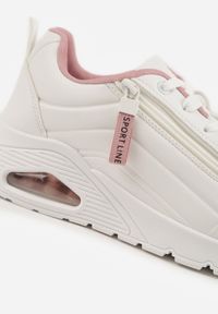 Renee - Biało-Różowe Sneakersy na Platformie z Przezroczystą Wstawką i Suwakiem z Napisami Valentinae. Okazja: na co dzień. Kolor: biały. Materiał: jeans. Wzór: napisy. Obcas: na platformie. Wysokość obcasa: średni #9