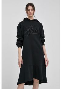 Karl Lagerfeld sukienka bawełniana 220W1354 kolor czarny mini rozkloszowana. Typ kołnierza: kaptur. Kolor: czarny. Materiał: bawełna. Wzór: aplikacja. Typ sukienki: rozkloszowane. Długość: mini #1