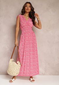 Renee - Ciemnoróżowa Rozkloszowana Sukienka Maxi z Gumką w Pasie i Głębokim Dekoltem Briasia. Kolor: różowy. Długość rękawa: bez rękawów. Wzór: kwiaty. Długość: maxi #2