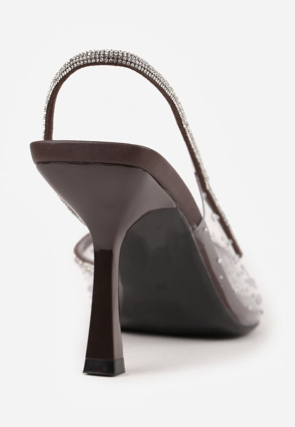 Renee - Brązowe Szpilki Slingback z Transparentną Cholewką i Cyrkoniami Liaceran. Okazja: na imprezę. Kolor: brązowy. Szerokość cholewki: normalna. Obcas: na szpilce. Styl: glamour, wizytowy