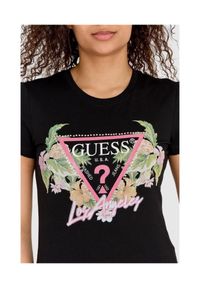 Guess - GUESS Czarny t-shirt damski z logo z kwiatami i dżetami slim fit. Kolor: czarny. Materiał: bawełna. Wzór: kwiaty