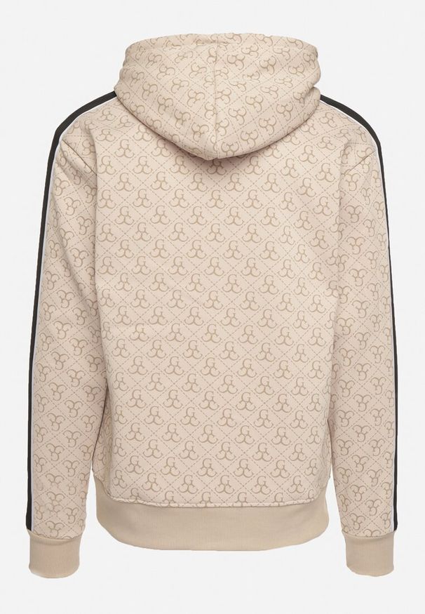 Born2be - Beżowa Bluza z Kapturem w Geometryczny Print Zdobiona Lampasem Venandria. Okazja: na spacer, na co dzień. Typ kołnierza: kaptur. Kolor: beżowy. Materiał: jeans. Długość rękawa: długi rękaw. Długość: długie. Wzór: aplikacja, geometria, nadruk. Styl: klasyczny, elegancki, sportowy, casual