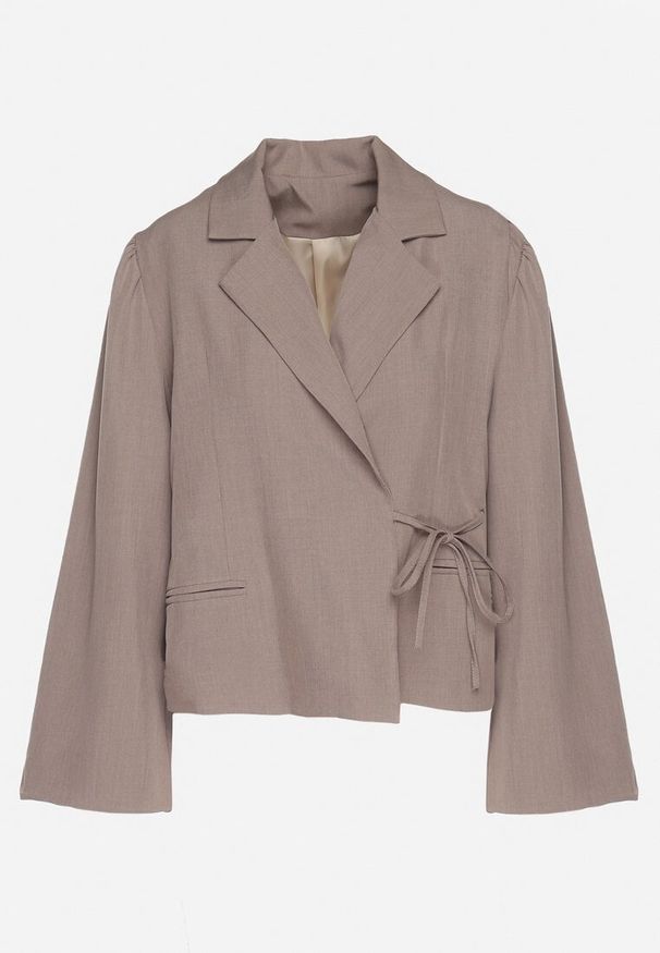 Born2be - Beżowa Marynarka z Szerokimi Rękawami i Asymetrycznym Wiązaniem Sanessia. Kolor: beżowy. Materiał: jeans. Styl: elegancki