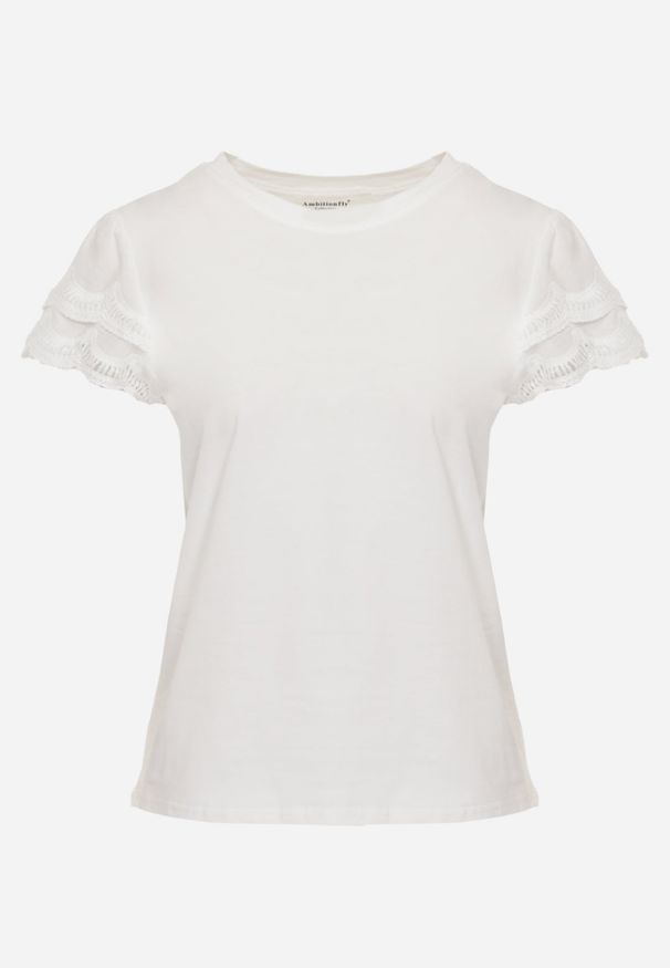 Renee - Biały T-shirt z Bawełny z Rękawami z Koronki Hycis. Kolor: biały. Materiał: bawełna, koronka. Wzór: koronka