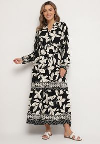 Born2be - Czarna Koszulowa Sukienka z Wiskozy z Motywem Liści Liorenna. Okazja: na co dzień. Kolor: czarny. Materiał: wiskoza. Wzór: kolorowy. Sezon: wiosna, lato. Typ sukienki: koszulowe. Styl: klasyczny, casual #1