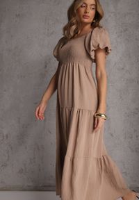 Renee - Beżowa Sukienka z Wiskozy o Rozkloszowanym Kroju z Bufiastymi Rękawkami Rosena. Kolor: beżowy. Materiał: wiskoza. Długość rękawa: krótki rękaw. Sezon: lato. Typ sukienki: rozkloszowane. Długość: maxi #1