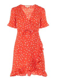 Born2be - Pomarańczowa Sukienka Caeike. Kolor: pomarańczowy. Wzór: nadruk, kropki, aplikacja. Typ sukienki: kopertowe, asymetryczne #3