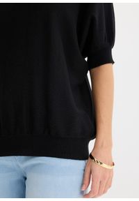 bonprix - Sweter z cienkiej dzianiny z mieszanki bawełny. Kolor: czarny. Materiał: dzianina, bawełna. Długość rękawa: krótki rękaw. Długość: krótkie. Wzór: gładki, ze splotem #3